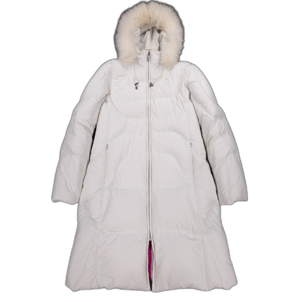 BERNARDO Fox Fur Hooded Down Puffer Coat Long Parka White Old Money Quiet Luxury - Picture 1 of 10